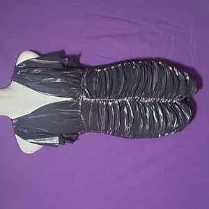 Black metallic rippled ruffle slit sleeve mini dress